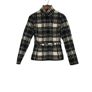 Banana Republic Plaid Wool Belted Coat Black White Size Small
